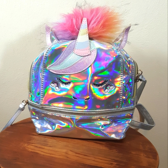 Under One Sky Handbags - Iridescent mini unicorn backpack with rainbow faux hair
